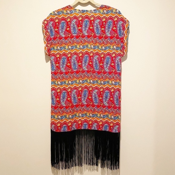 Boho Fringe Paisley Print Long Line Open Duster Cover Up - Picture 7 of 9